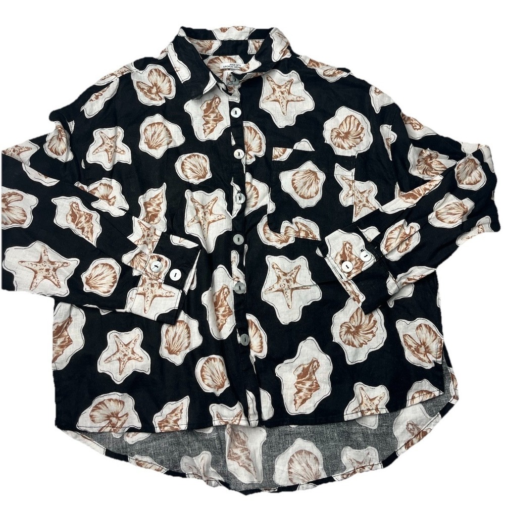 NWT Nicole Miller Women's 100% Linen Long Sleeve Button Up‎ Shirt Seashells Sz L